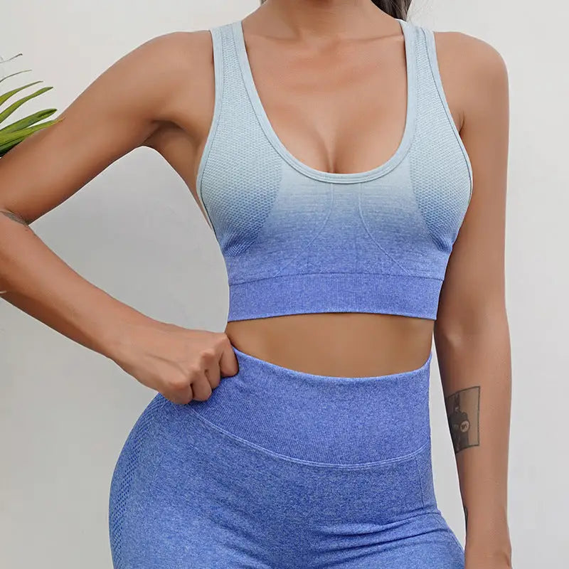 Seamless Yoga Fitness High Waist Tie Dyed Sports Suit - S / Blue and Bra - Activewear