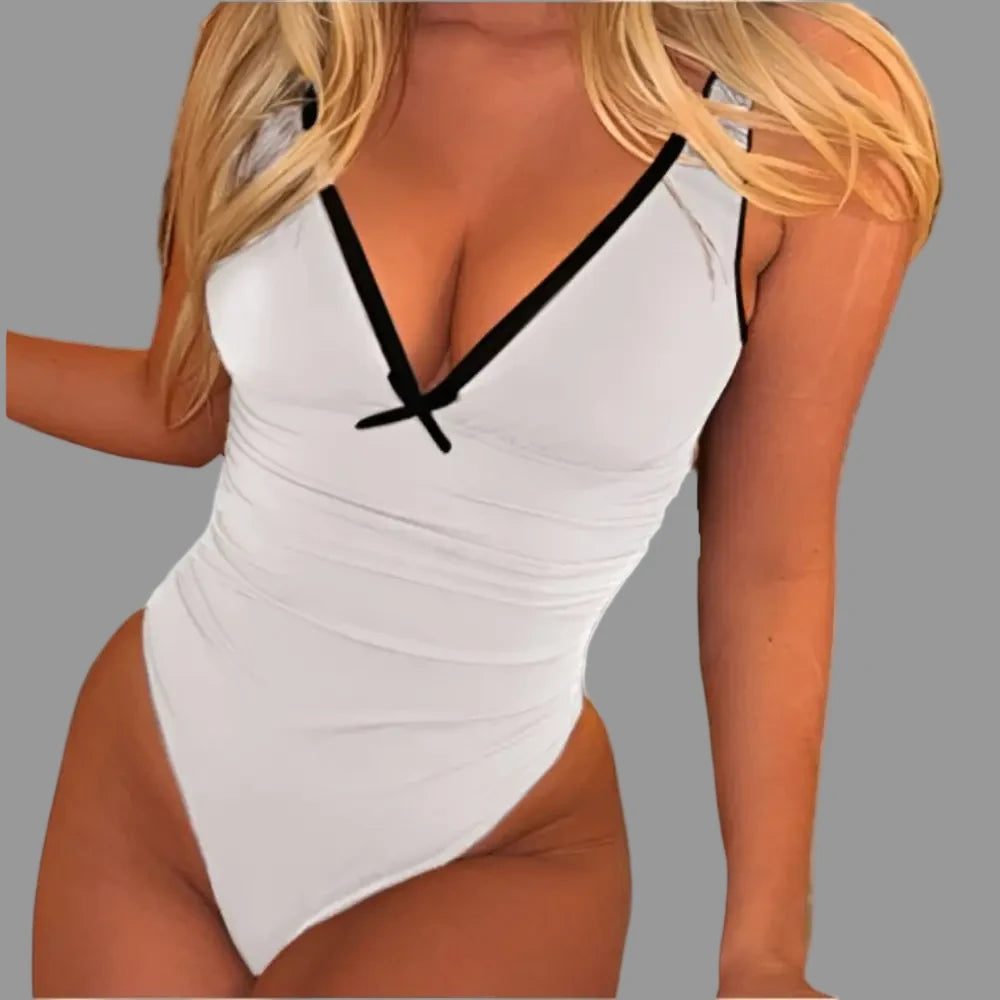 Sexy Backless V-Neck Edge Contrast Bodysuit - S / White - Bodysuits