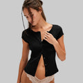 Sexy Button Short Sleeve Top - XS / Black - Shirts & Blouses