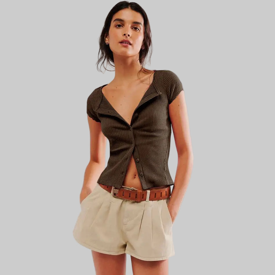 Sexy Button Short Sleeve Top - XS / Coffee - Shirts & Blouses
