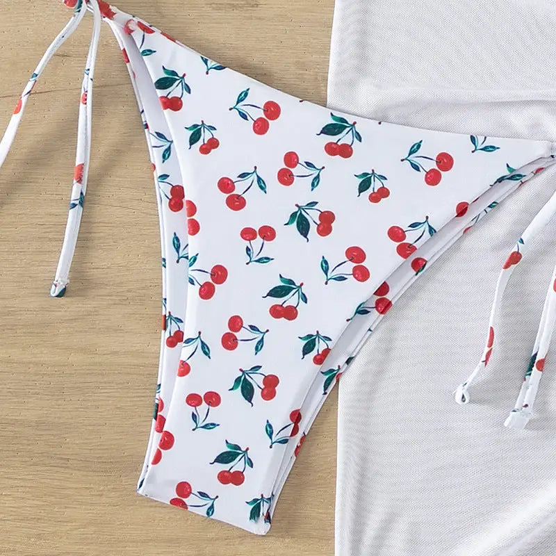 Sexy Cherry Print Three Piece Set - Cover-ups & Kimonos