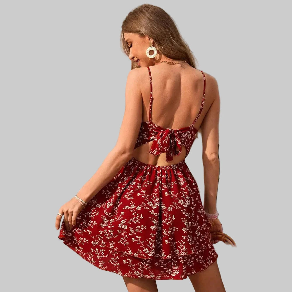 Sexy Floral Double Layer Design Back Hollow Cutout Strap Dress - Dresses