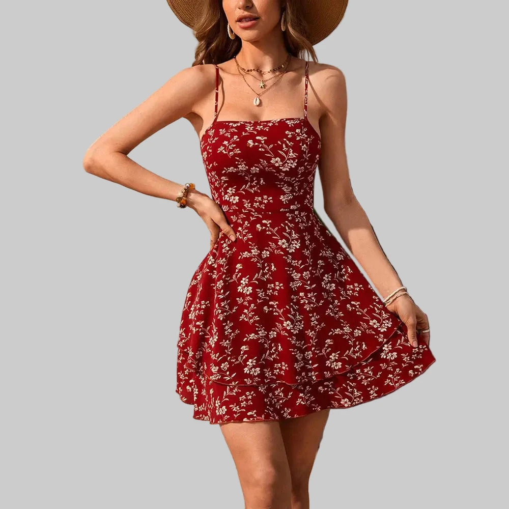 Sexy Floral Double Layer Design Back Hollow Cutout Strap Dress - S / Burgundy - Dresses