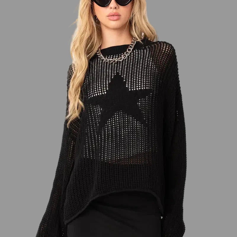 Sexy Hollow Cutout Knitted Niche Loose Pullover Sweater - S / Black - Sweaters & Cardigans