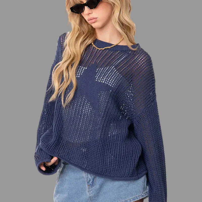 Sexy Hollow Cutout Knitted Niche Loose Pullover Sweater - S / Navy Blue - Sweaters & Cardigans