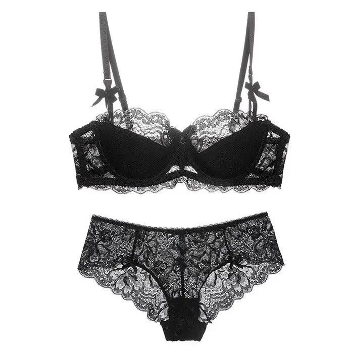 Sexy Lace Edge Side Drawing Breathable Thin Cotton Bra Set - 70A / Black - Panty Sets