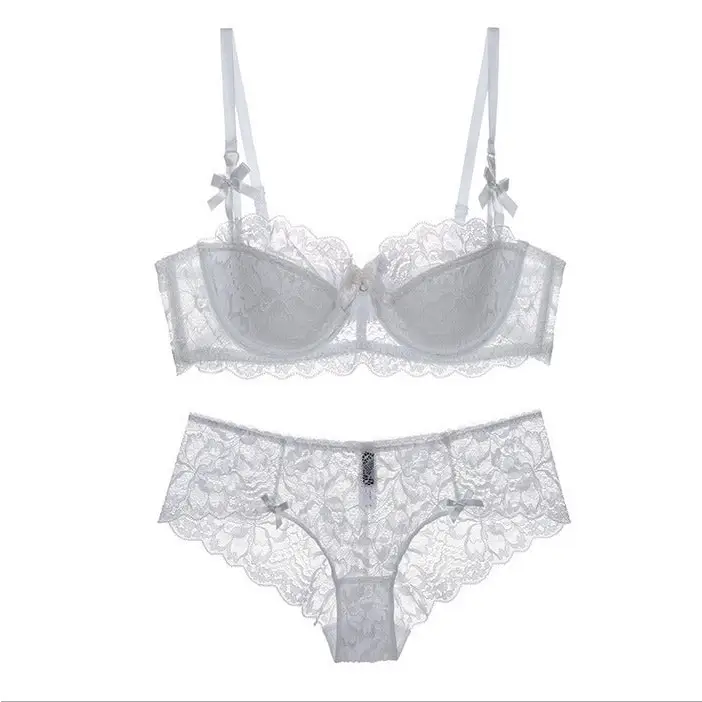 Sexy Lace Edge Side Drawing Breathable Thin Cotton Bra Set - 70A / White - Panty Sets