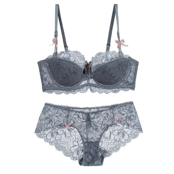 Sexy Lace Edge Side Drawing Breathable Thin Cotton Bra Set - 70A / Gray - Panty Sets