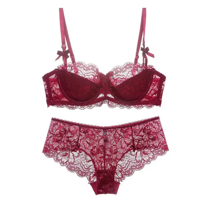 Sexy Lace Edge Side Drawing Breathable Thin Cotton Bra Set - 70A / Red - Panty Sets