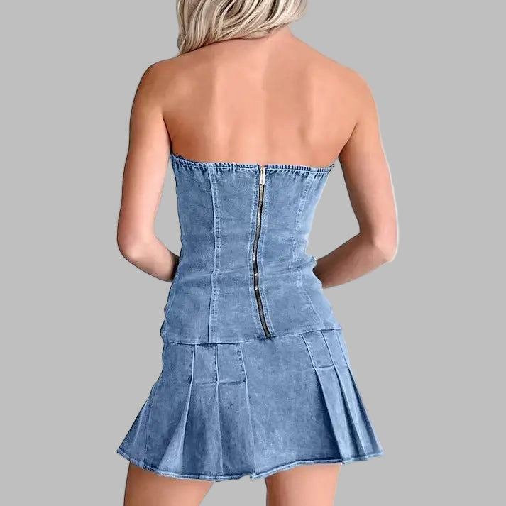 Sexy Low Waist Rope Tube Top Denim Dress - Dresses