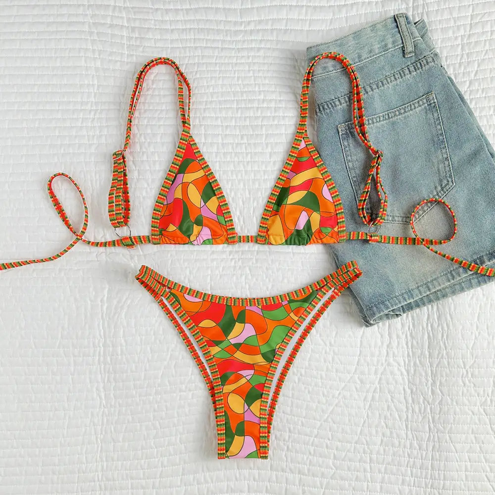 Sexy Print Contrast Bikini - Bikinis