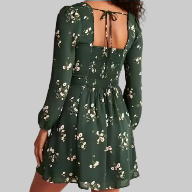 Sexy Print Pleated Lace Lantern Sleeve Dress - Dresses