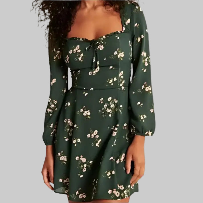 Sexy Print Pleated Lace Lantern Sleeve Dress - S / Green Shivering - Dresses
