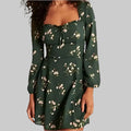 Sexy Print Pleated Lace Lantern Sleeve Dress - S / Green Shivering - Dresses
