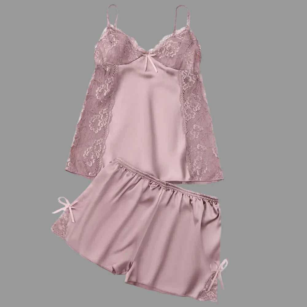 Sexy Satin Shorts Lace Pajamas - S / Lotus Root Color - Loungewear Sleepwear