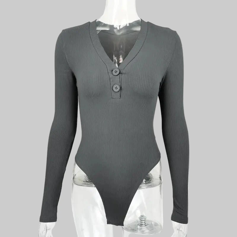 Sexy Slim Cotton Sunken Stripe V-neck Buttons Long Sleeve Bodysuit - S / Dark Grey - Bodysuits