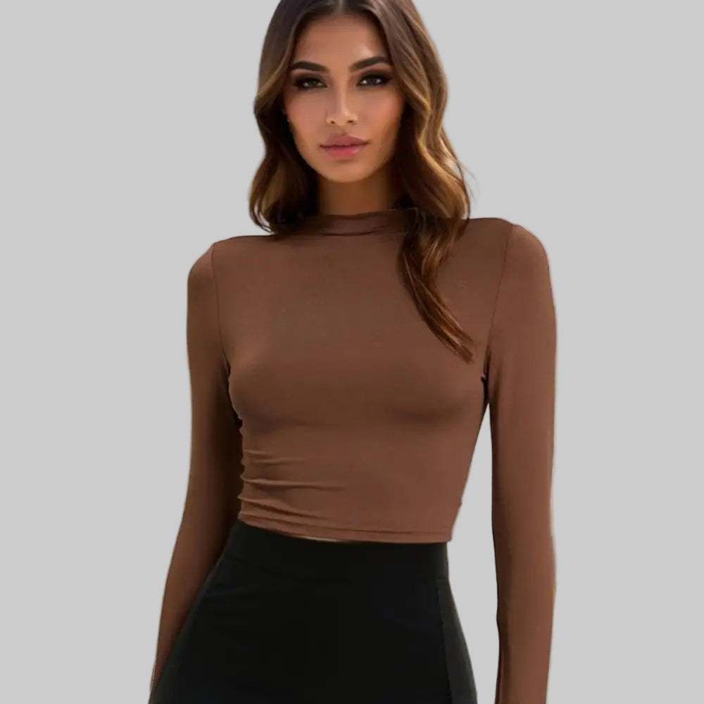 Sexy Slim Fit Cropped Half Turtleneck Short Long Sleeve Top - S / Coffee - Shirts & Blouses