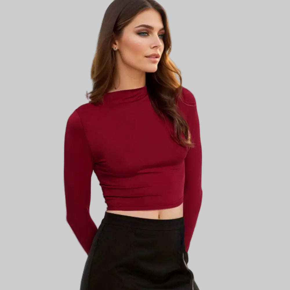 Sexy Slim Fit Cropped Half Turtleneck Short Long Sleeve Top - S / Burgundy - Shirts & Blouses