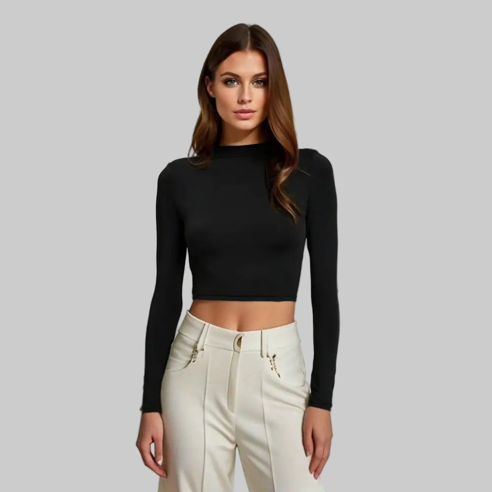 Sexy Slim Fit Cropped Half Turtleneck Short Long Sleeve Top - S / Black - Shirts & Blouses