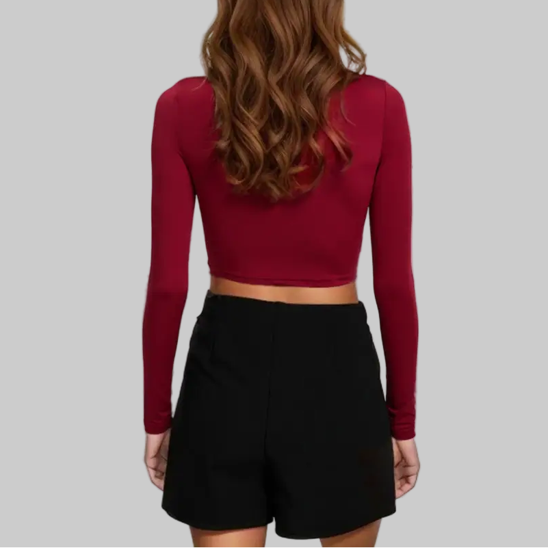 Sexy Slim Fit Cropped Half Turtleneck Short Long Sleeve Top - Shirts & Blouses