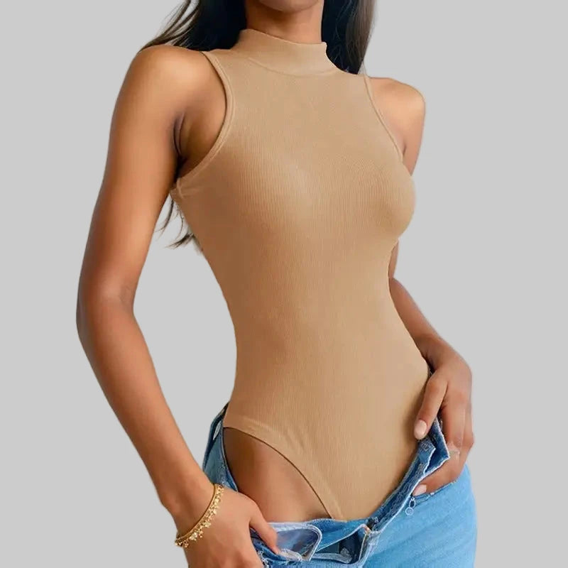 Sexy Slim Rib Sleeveless Bodysuit - S / Apricot - Bodysuits