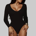 Sexy Slim V-neck Solid Color Long Sleeve Bodysuit - S / Black - Bodysuits