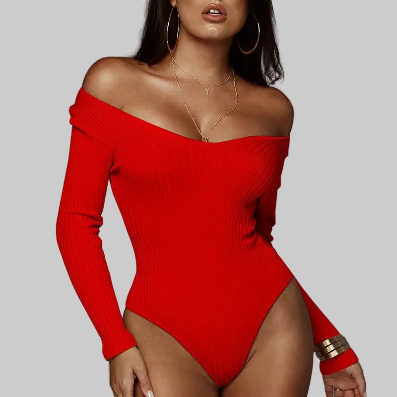 Sexy Slim V-neck Solid Color Long Sleeve Bodysuit - S / Red - Bodysuits