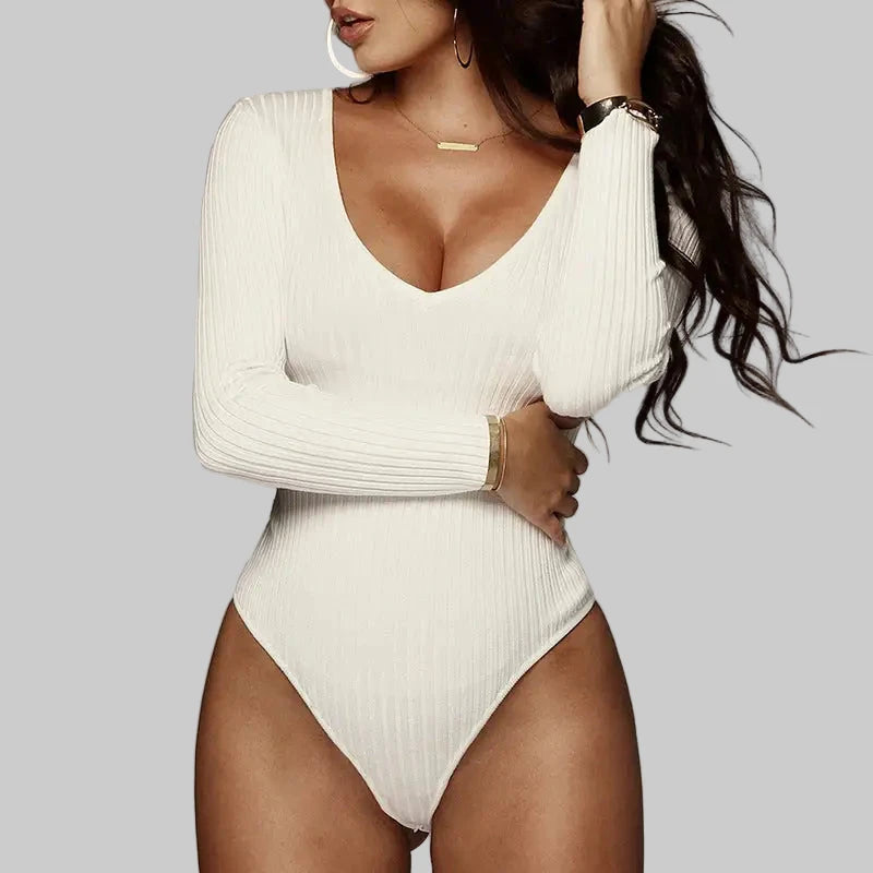 Sexy Slim V-neck Solid Color Long Sleeve Bodysuit - S / White - Bodysuits