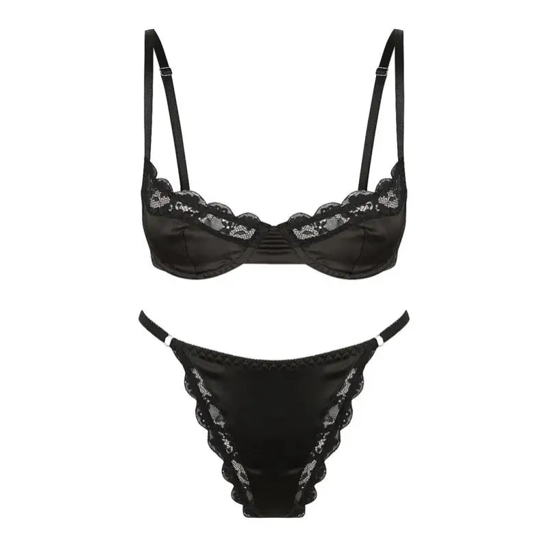 Sexy Stretch Satin Lace Edge Bra Set - S / Black - Panty Sets