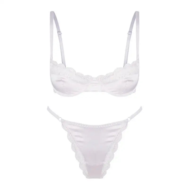 Sexy Stretch Satin Lace Edge Bra Set - S / White - Panty Sets