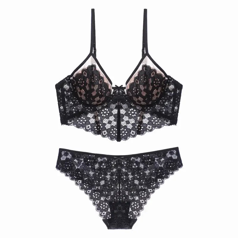 Sexy Thin Cup Braces Push-up Crocheted Lace Long Bra Set - S / Black - Panty Sets