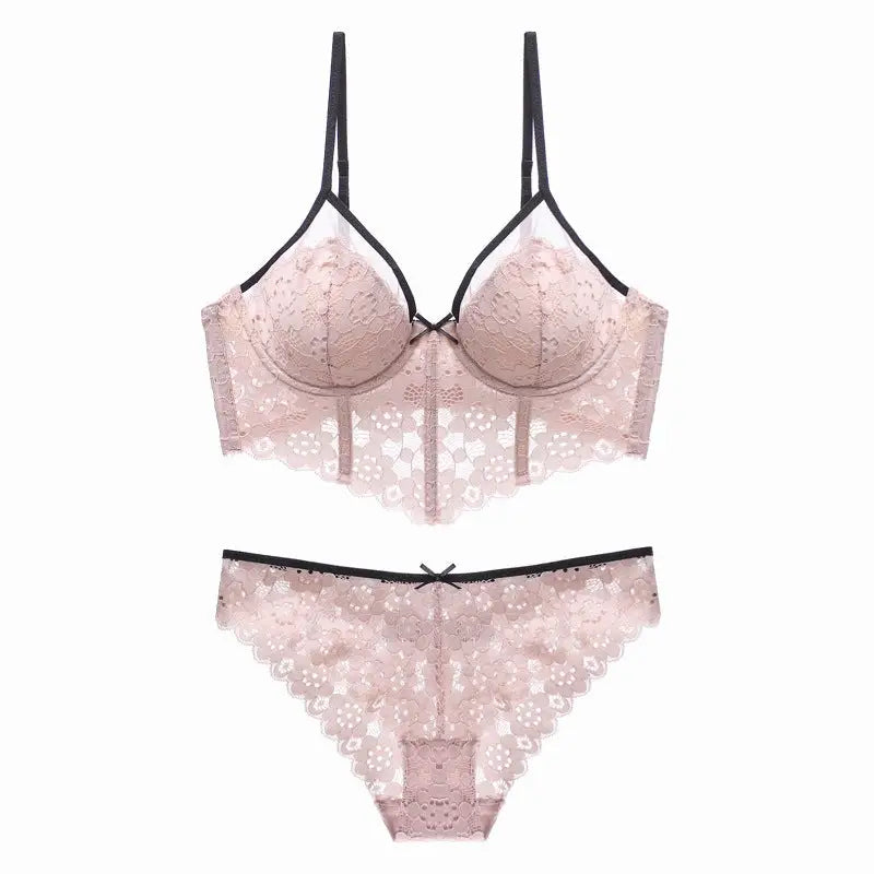 Sexy Thin Cup Braces Push-up Crocheted Lace Long Bra Set - S / Pink - Panty Sets
