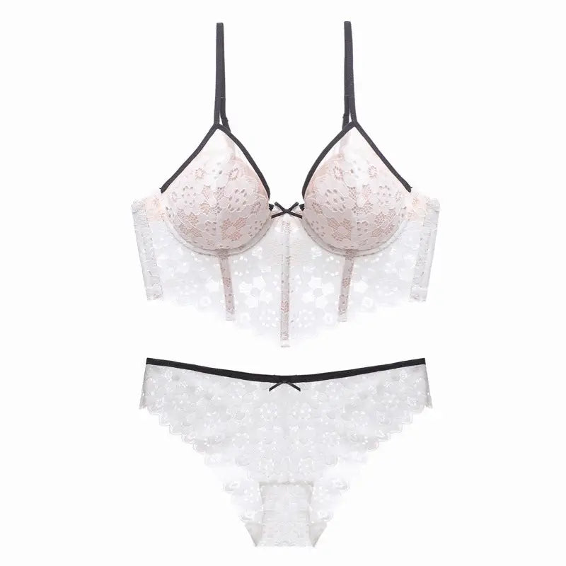Sexy Thin Cup Braces Push-up Crocheted Lace Long Bra Set - S / White - Panty Sets