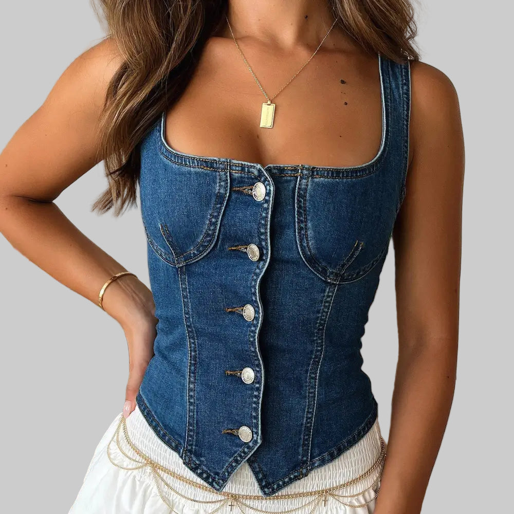 Sexy Tight Denim Vest U-collar Top - S / Blue - Tank Tops & Camis