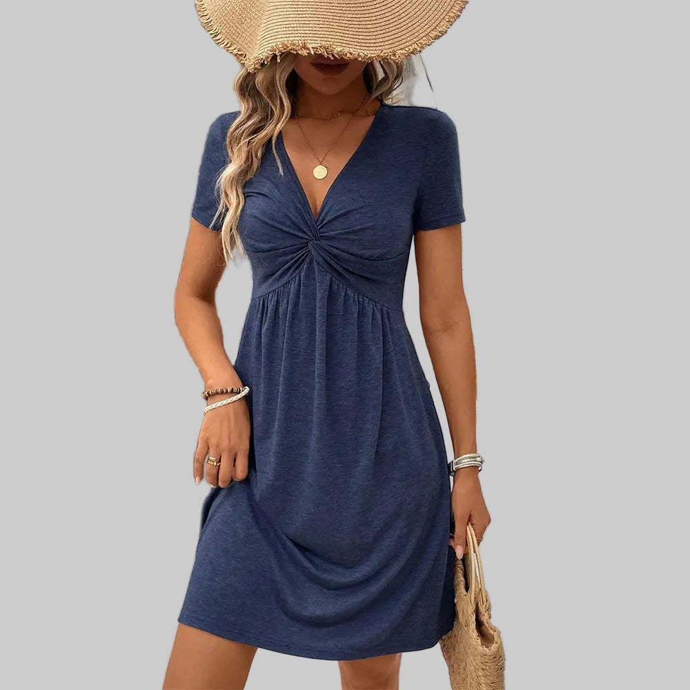 Sexy V-neck Twist Short Sleeve Casual Dress - S / Blue - Dresses