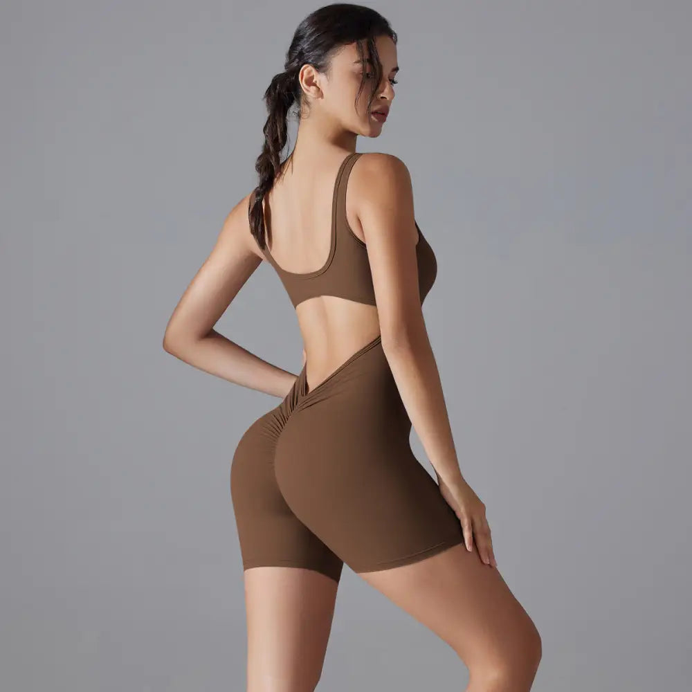 Sexy V-Shaped Back Romper - S / Shorts Jumpsuit-Chestnut - Activewear