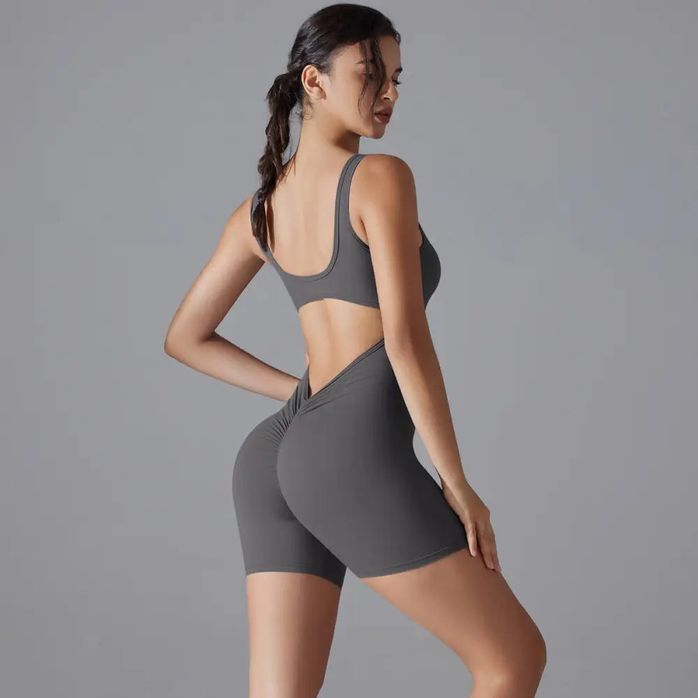 Sexy V-Shaped Back Romper - S / Shorts Jumpsuit-Dark Gray - Activewear