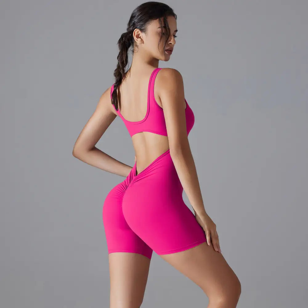 Sexy V-Shaped Back Romper - S / Shorts Jumpsuit-Dragon Fruit Color - Activewear
