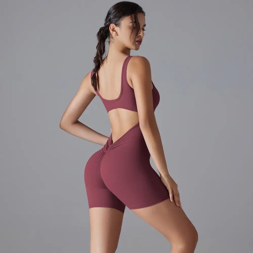 Sexy V-Shaped Back Romper - S / Shorts Jumpsuit-Purplish Red - Activewear