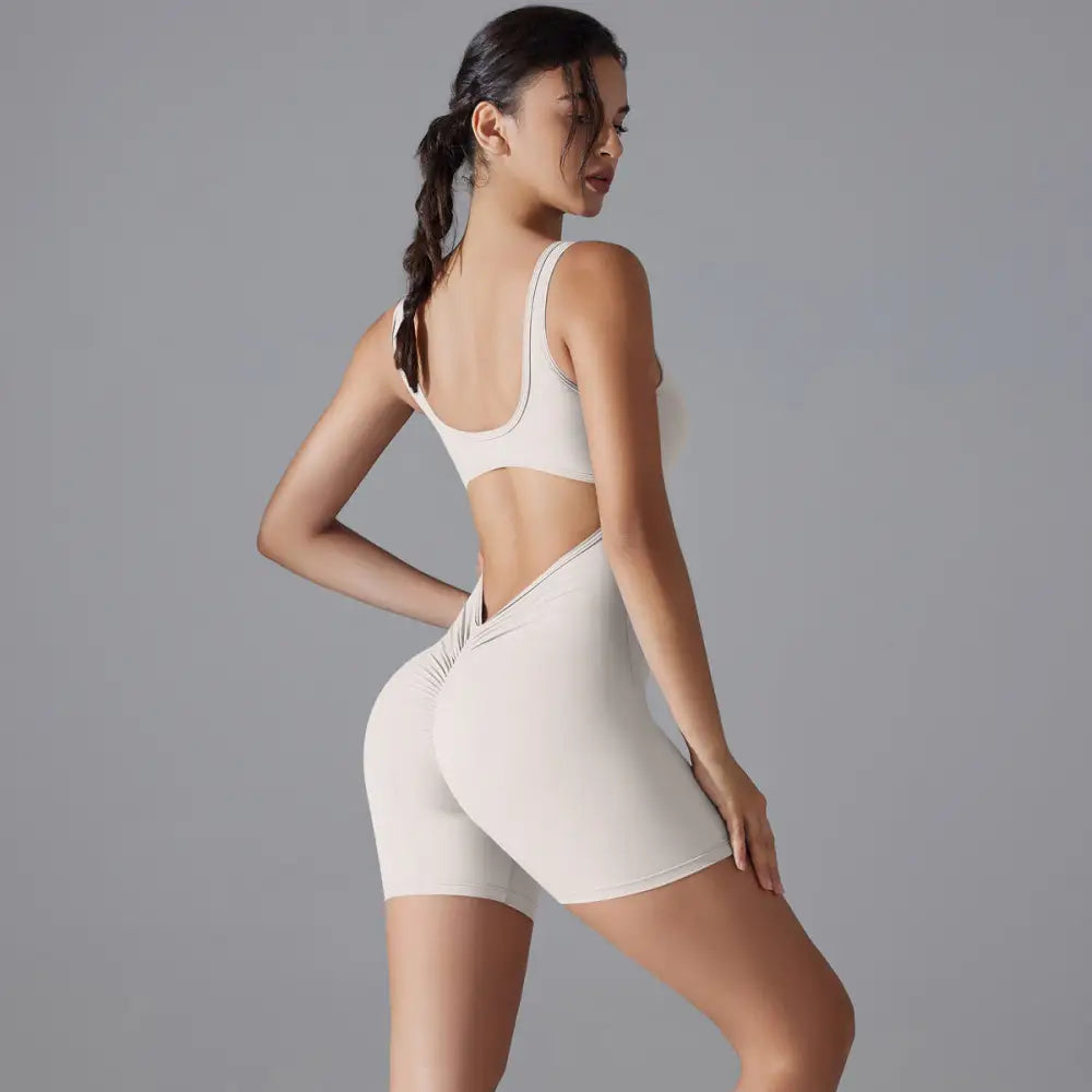 Sexy V-Shaped Back Romper - S / Shorts Jumpsuit-White and Gray - Activewear