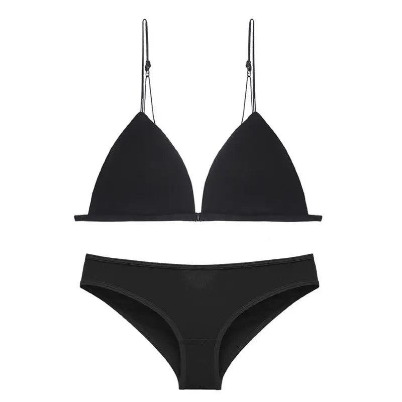 Sexy Wireless Push-up Thin French Front Buckle Bra Set - S / Black - Panty Sets