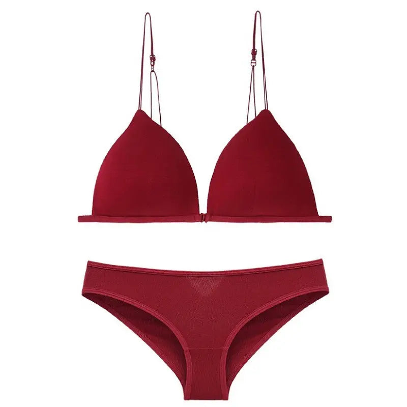 Sexy Wireless Push-up Thin French Front Buckle Bra Set - S / Burgundy - Panty Sets
