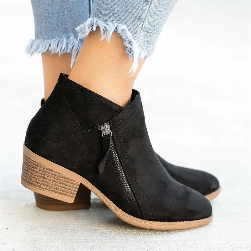 Short Side Zipper Suede Boots - 36 / Black - Shoes