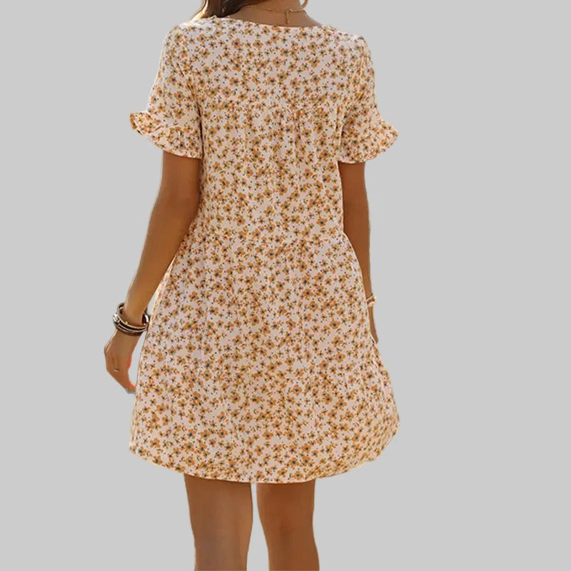 Short Sleeve Ruffled Printed Dress - Dresses