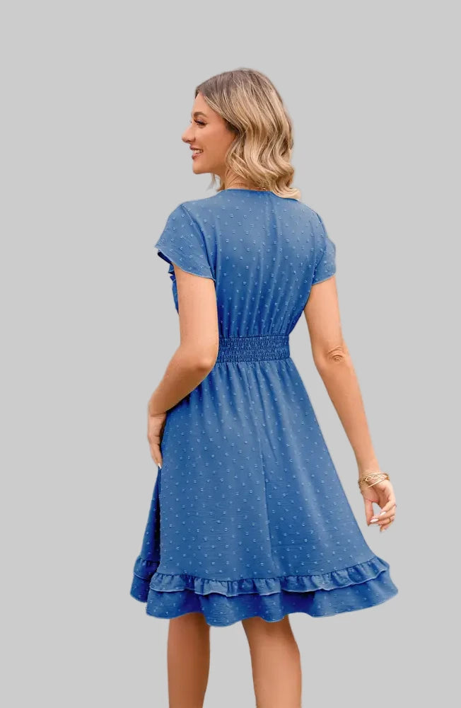 Short Sleeve Waist Stretch Dress - Dresses