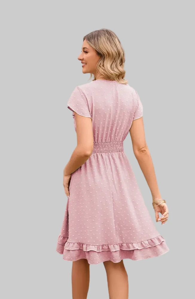 Short Sleeve Waist Stretch Dress - Dresses