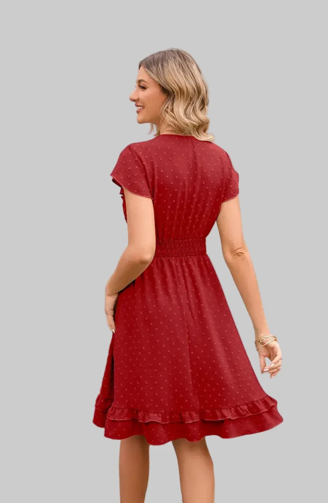 Short Sleeve Waist Stretch Dress - Dresses