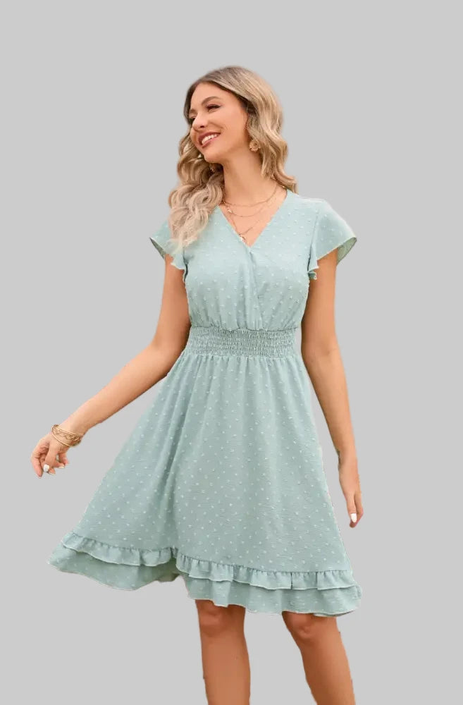 Short Sleeve Waist Stretch Dress - Dresses