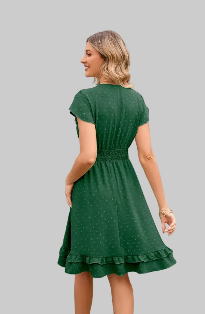 Short Sleeve Waist Stretch Dress - Dresses