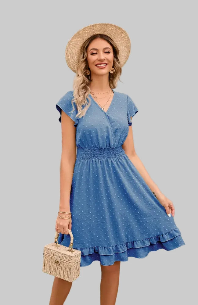 Short Sleeve Waist Stretch Dress - S / Blue - Dresses